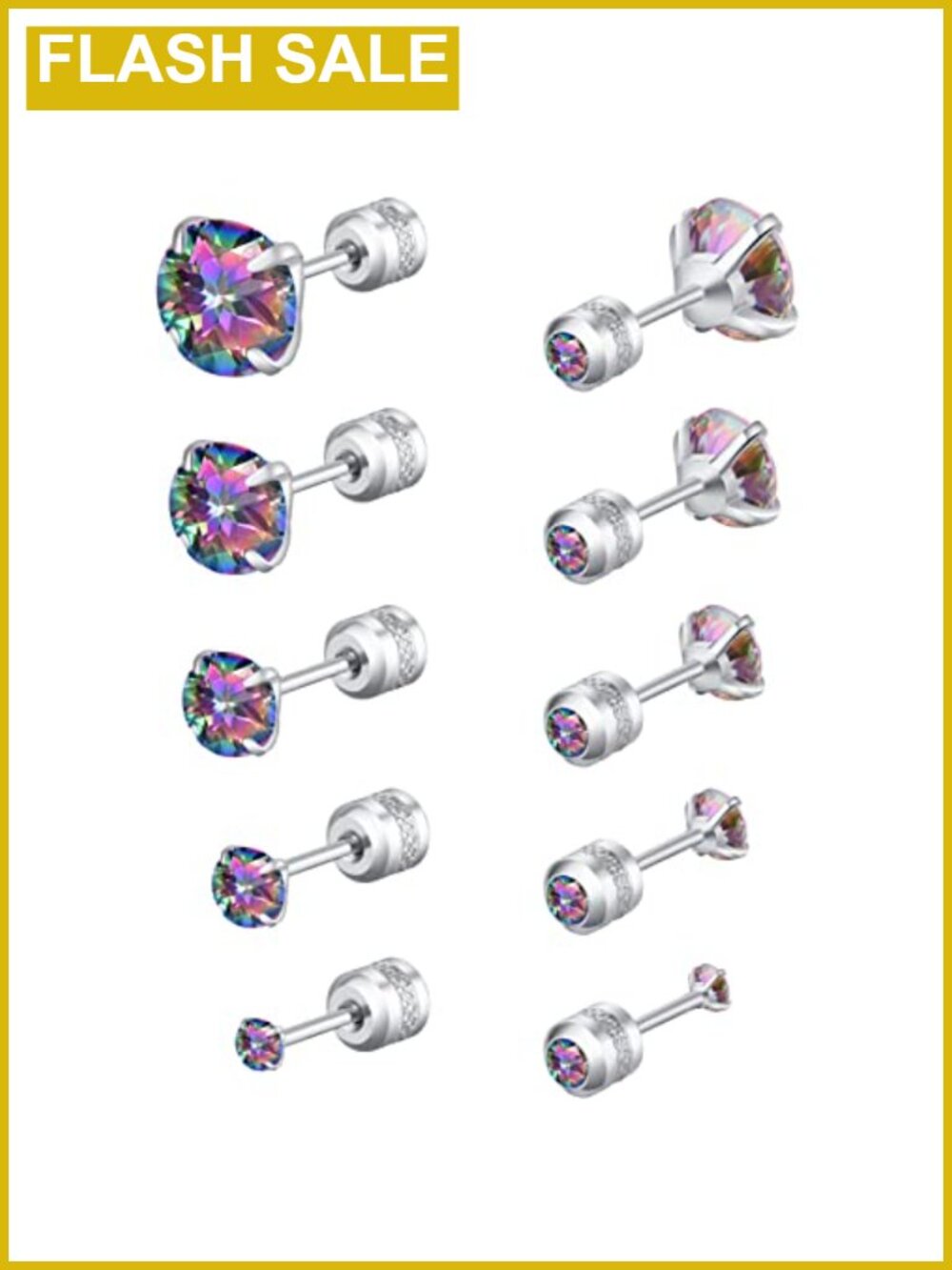 Stainless Steel Cubic Zirconia Stud Earrings Screw Back Hypoallergenic Set